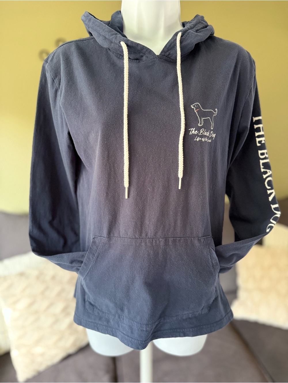 The Black Dog Navy Hoodie with White Drawstrings